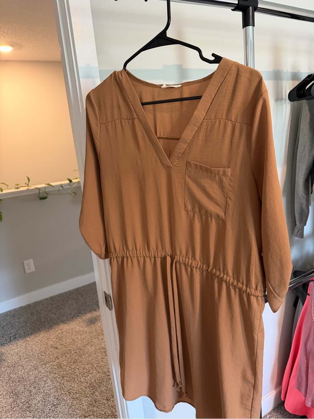Women's V-Neck Drawstring Waist Dress - Camel
